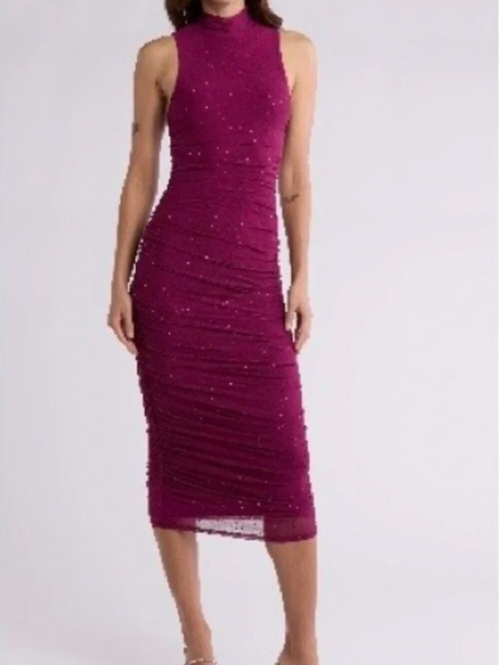 AFRM Sonia Rhinestone Ruched Mesh Maxi Dress Purple Potion Size Small